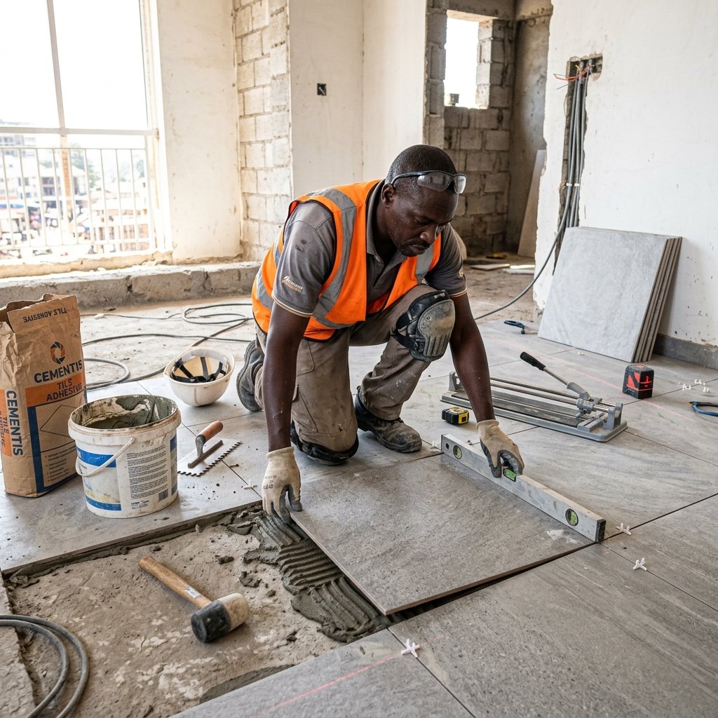 Artisan carreleur en plein travail de finition